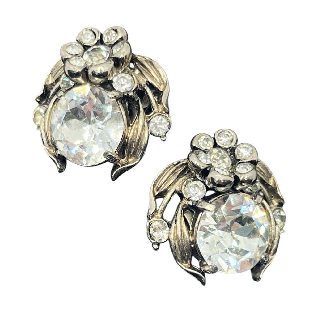 1954 Holly Craft silver tone clear rhinestone flower clip on earrings vintage